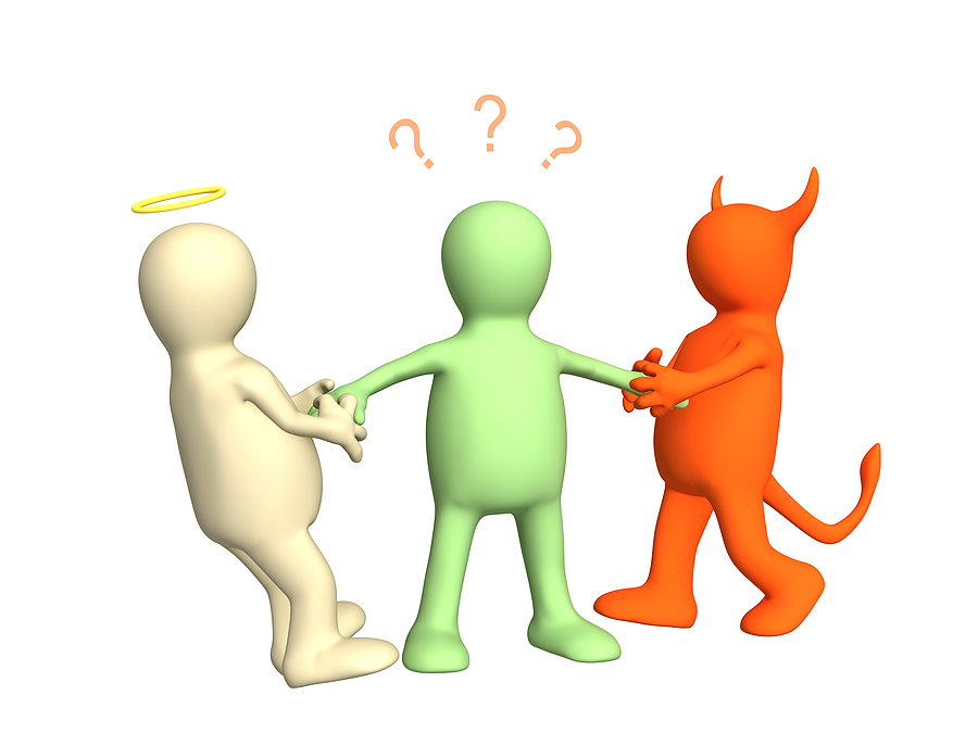 3D Devil And Angel Pulling Person For Hands