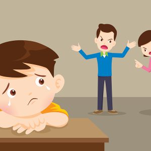 Sad Child Boy Crying With Angry Dad And Mom Quarreling.parents F